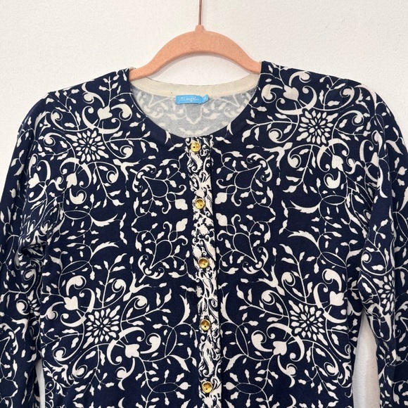 J. McLaughlin Women’s Blue/White Patterned Gold Button Closure Cardigan Sweater - Picture 3 of 11